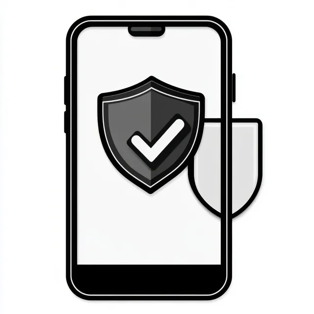 A smartphone screen shows a shield icon with a checkmark, indicating digital security protection.