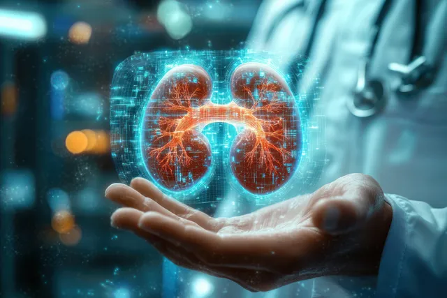 Doctor holds glowing holographic kidney and scans medical data in a futuristic clinic