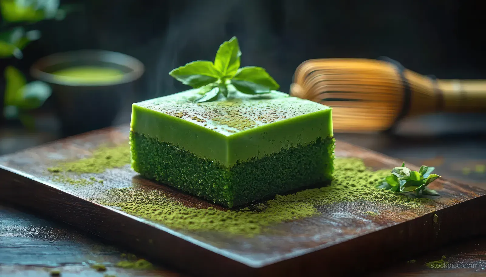 A matcha square dessert with smooth green top and leaf garnish rests on a wooden board dusted with matcha powder.
