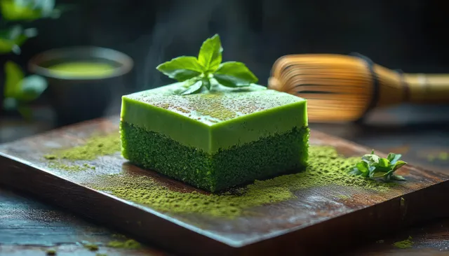 A matcha square dessert with smooth green top and leaf garnish rests on a wooden board dusted with matcha powder.