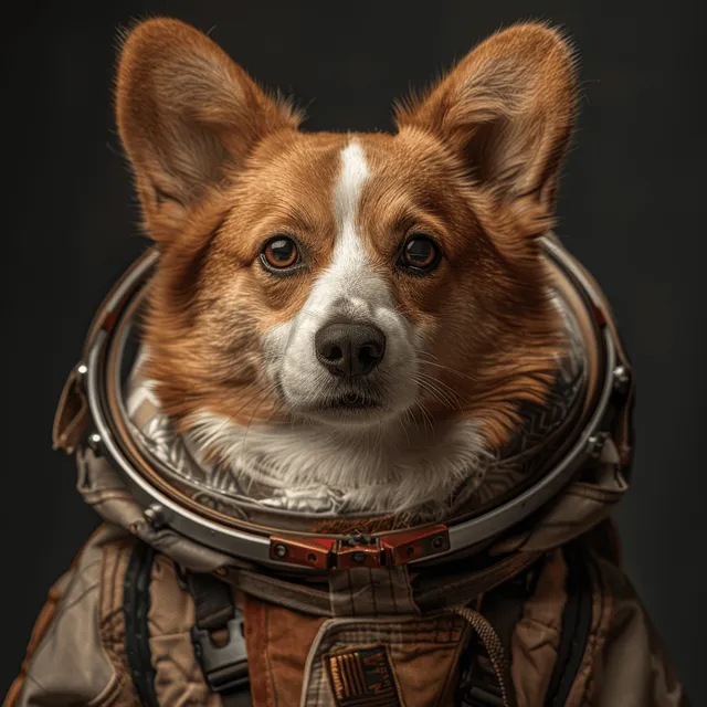 A cute corgi in a detailed space suit and helmet poses against a dark background in a hyper-realistic studio portrait.