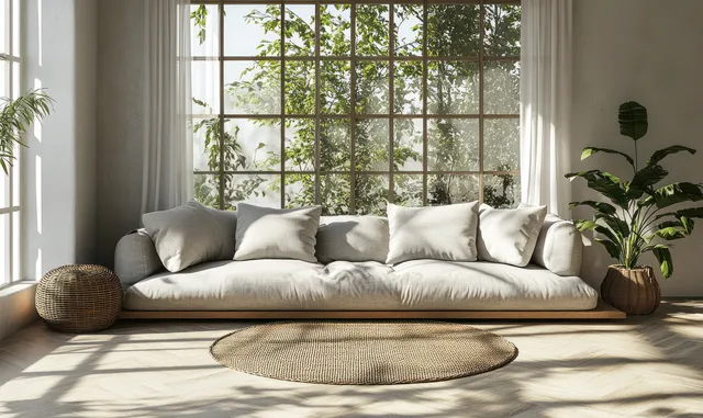 Minimalist grey sofa in a bright living room with sheer curtains, sunlit windows, and a textured rug.
