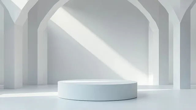 White minimalist room with arched windows casting natural light onto a smooth cylindrical pedestal.