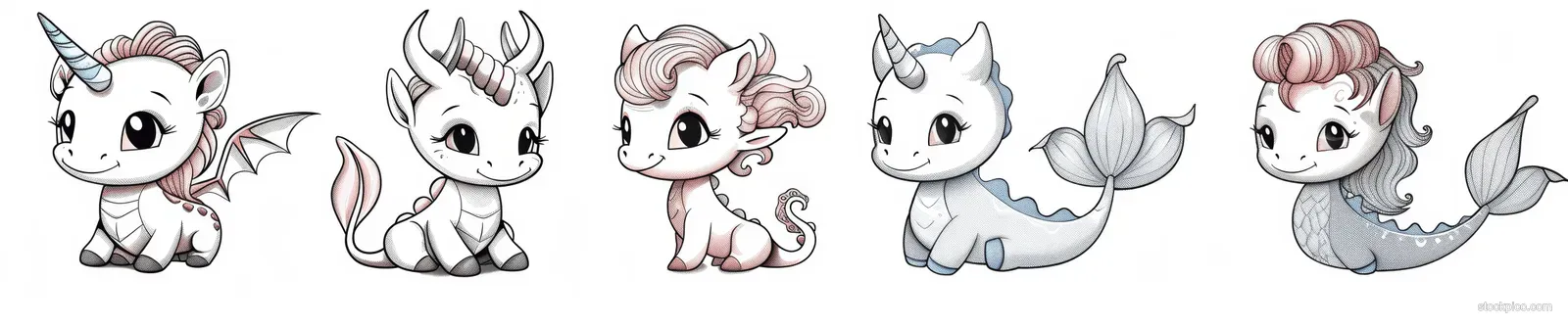 Row of cute fantasy animals with thick black outlines including unicorn, dragon, mermaid, fairy, and dinosaur.