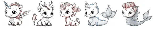 Set of cute cartoon fantasy animals in simple line-art coloring book style