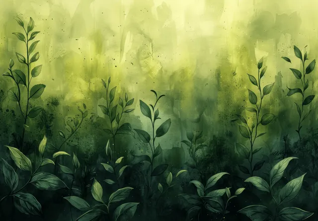 Fundo grunge em aquarela verde-oliva com tons de sálvia, silhuetas de folhas e leves manchas de papel.