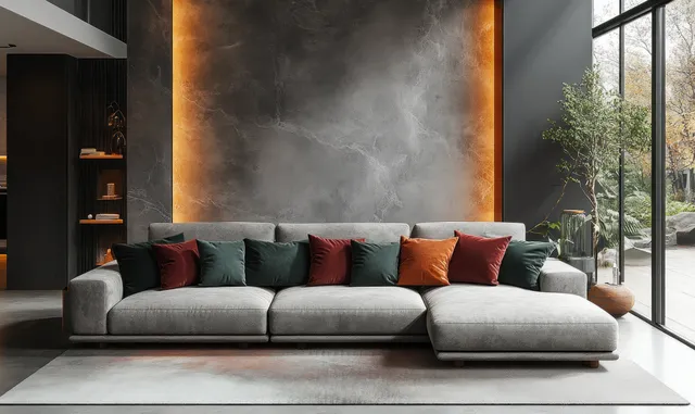 Gray sectional sofa with colorful cushions sits in a modern living room under warm vertical light columns.