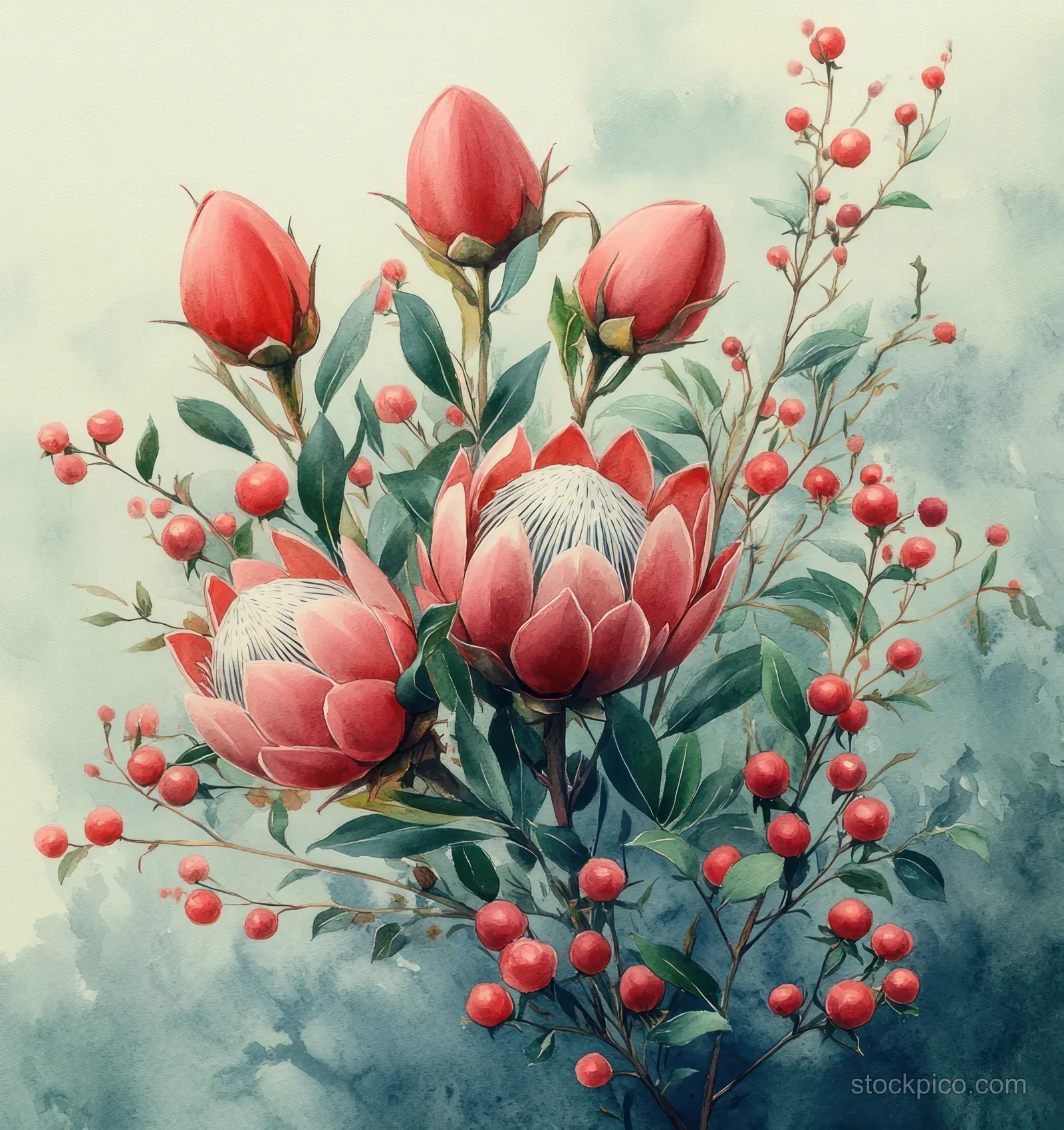 Watercolor bouquet of protea and roses with green leaves and red berry sprigs on a misty blue background.