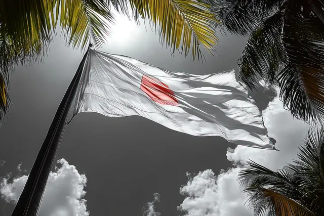 A white flag with a red circle waves strongly in the wind under cloudy sky, framed by palm leaves.