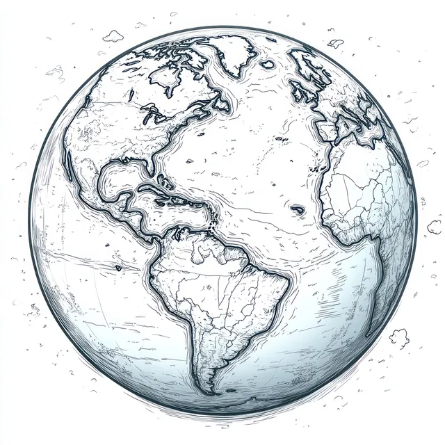 Continuous line drawing of Earth globe with outlined continents and oceans on a light background.
