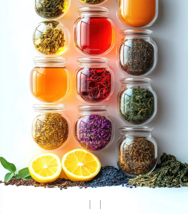 Top view of vibrant herbal tea leaves, lemon slices, and colorful bowls arranged for a fresh wellness drink concept.