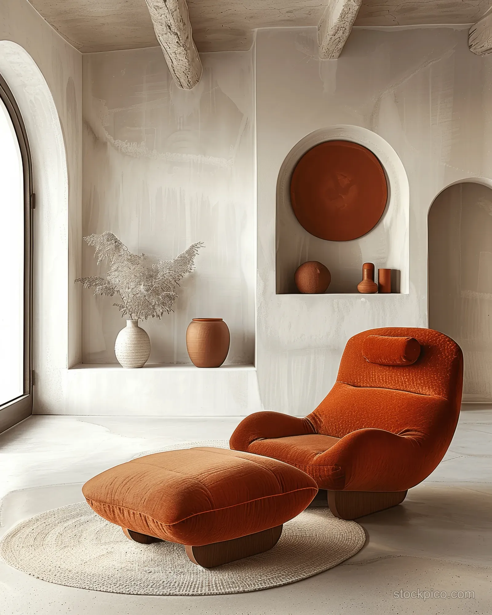 Orange armchair and matching ottoman sit in a minimalist room with terracotta vases and white stucco walls.