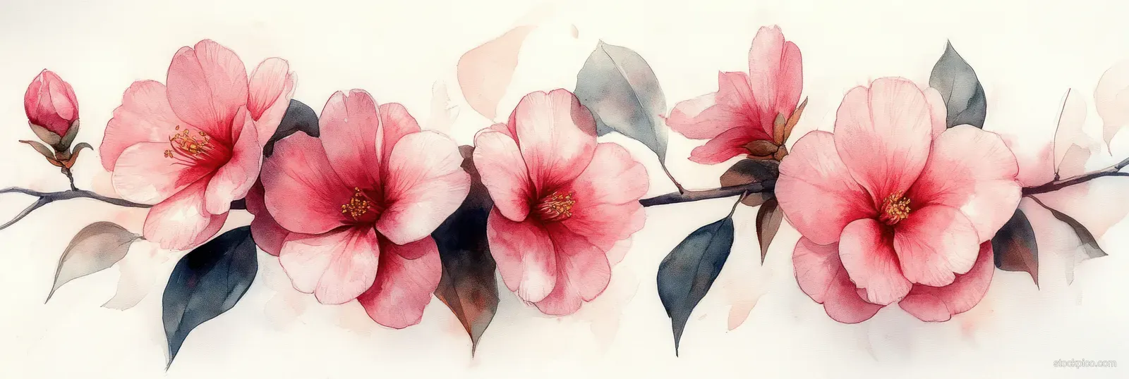 Pink camellia blossoms with green leaves in a watercolor style illustration on a white background.
