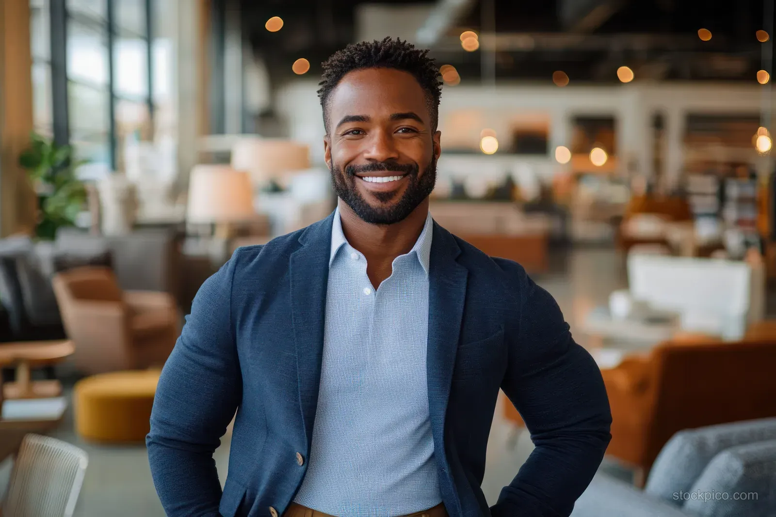 Smiling man in a navy blazer stands with hands on hips in a modern office with chairs and warm lights behind.