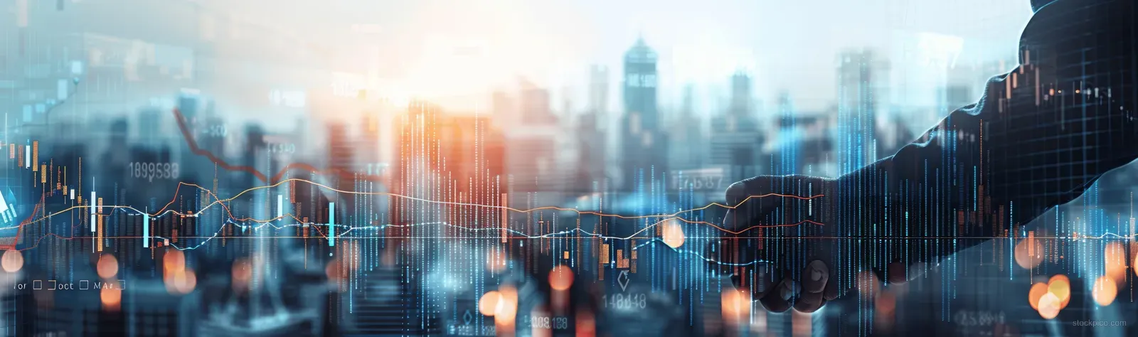Rising candlestick and line charts overlay a glowing city skyline at sunrise with digital grid effects.