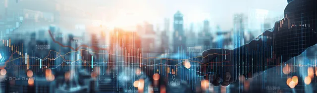 Global finance dashboard with rising candlestick charts over a city skyline at sunrise