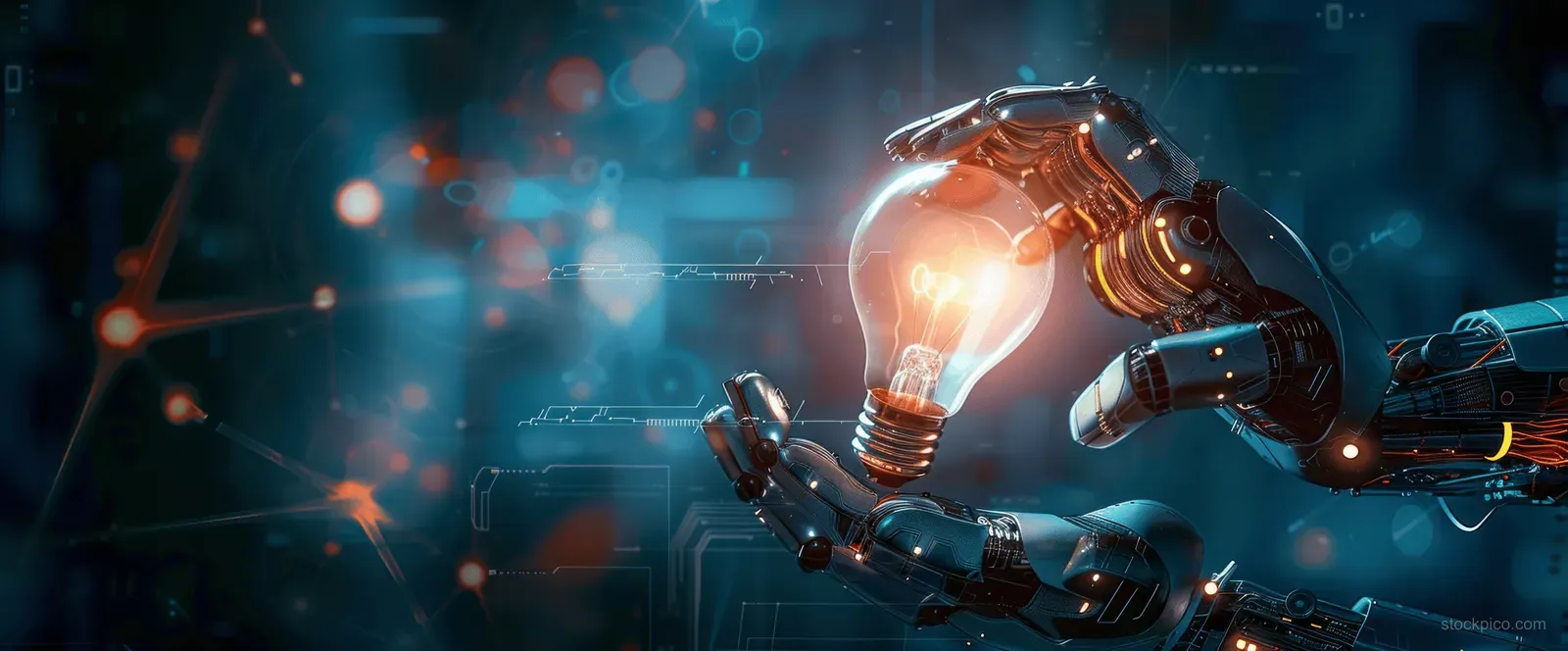 A futuristic robot hand holds a glowing light bulb with blue data network particles in the background.