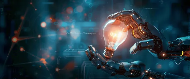 A futuristic robot hand holds a glowing light bulb with blue data network particles in the background.