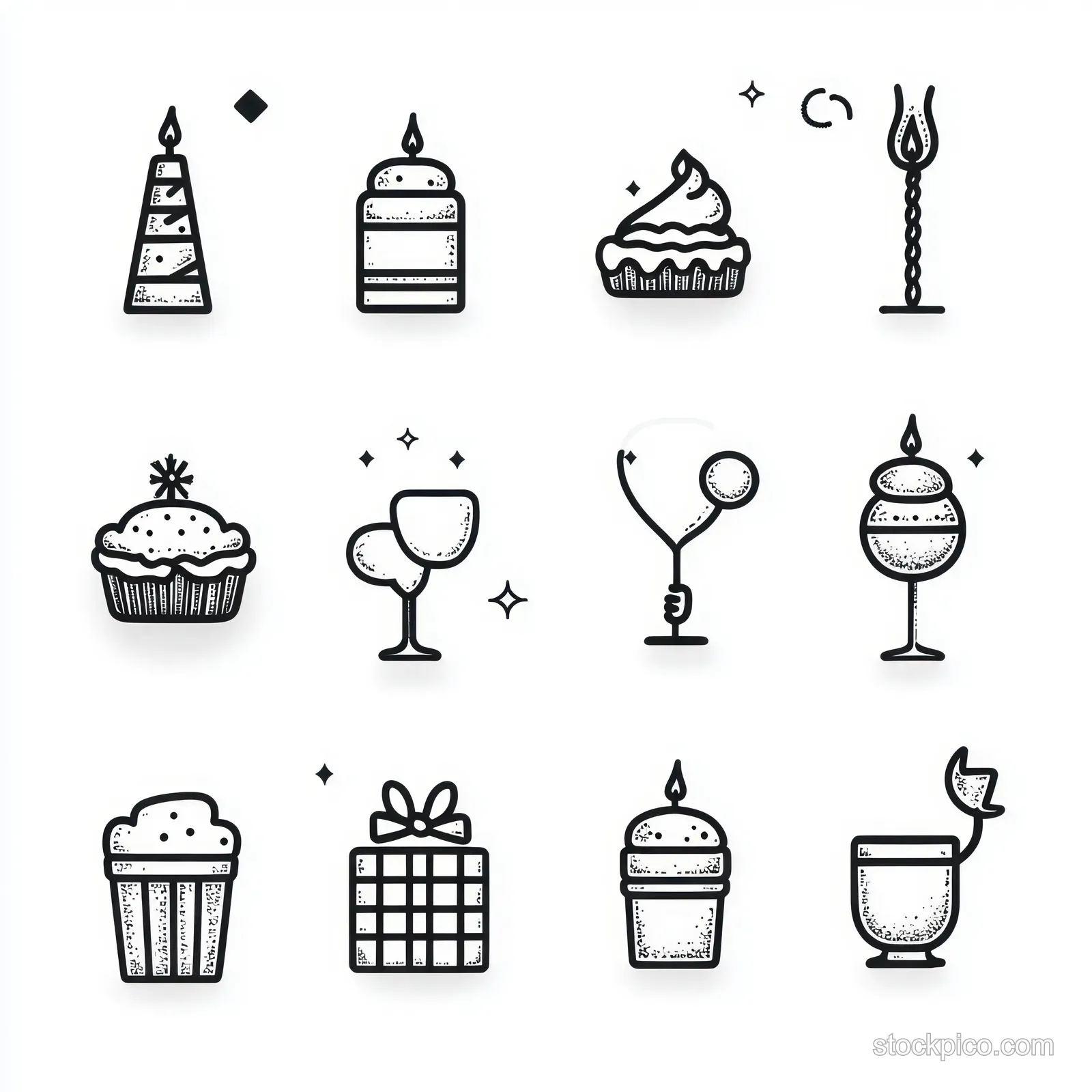 Black and white line art icons of birthday candles, cupcakes, gifts, and glasses arranged on a white background with small sparkles.
