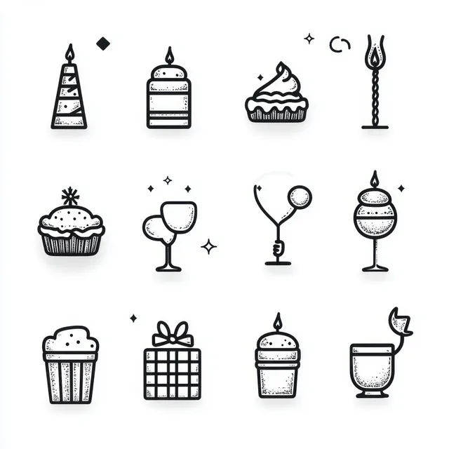 Black and white line art birthday items with candles, cupcakes, gifts, and glasses