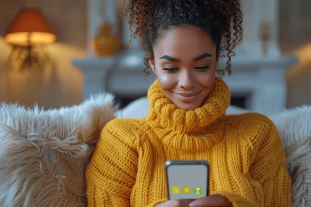Smiling woman in a yellow sweater using a smartphone at home with natural window light