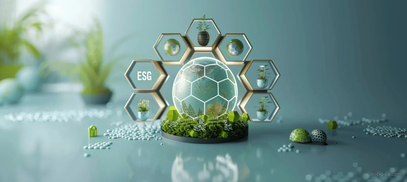 Green globe inside hexagonal ESG icon framework on a desk with blurred sustainability-themed elements.