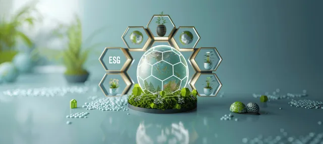 Green globe inside hexagonal ESG icon framework on a desk with blurred sustainability-themed elements.