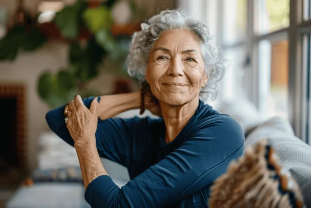 Senior woman stretching her arm across her chest while sitting on a sofa in a bright living room.