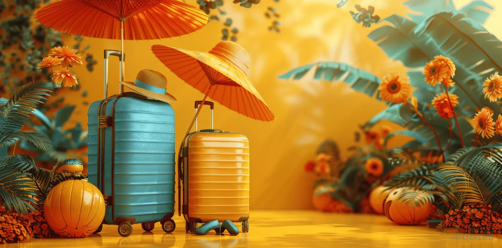 3D suitcases and a beach umbrella sit on a sunny yellow banner with tropical flowers and foliage.