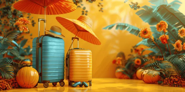 Suitcases and beach umbrella on sunny yellow travel banner with tropical flowers