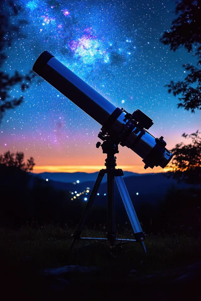 Telescope on a tripod pointing at the Milky Way across a starry night sky with silhouetted trees and distant lights.