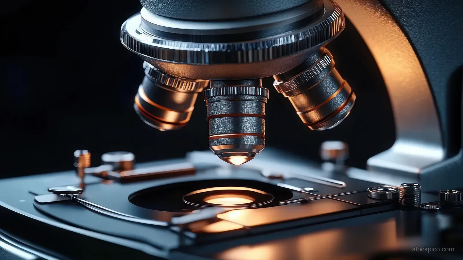 Microscope objective lenses hover above a warm-lit stage with visible metal and glass parts.