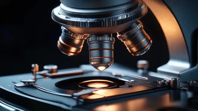 Close-up microscope objective lenses over illuminated stage with warm reflections on metal