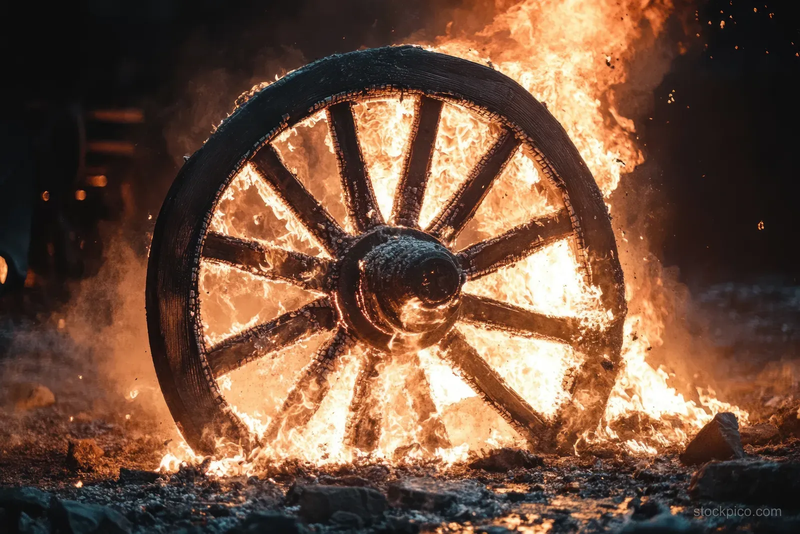 A wooden wagon wheel burns in bright orange flames with glowing embers and flying sparks on dark ground.