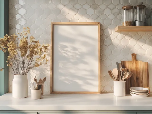 Framed poster mockup on a hexagonal marble wall above a green kitchen counter with dried flowers in vases.