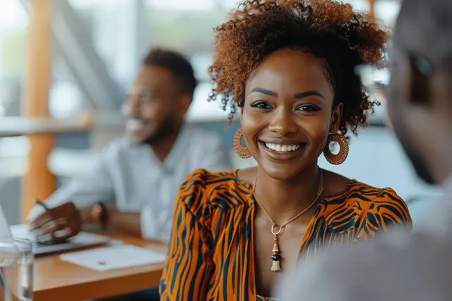 Confident African American businesswoman leads team meeting at office table, addressing group
