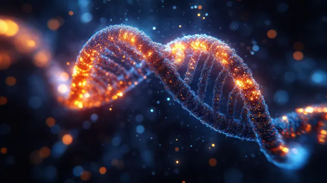 Glowing DNA double helix with bokeh sparks in a dark scientific atmosphere