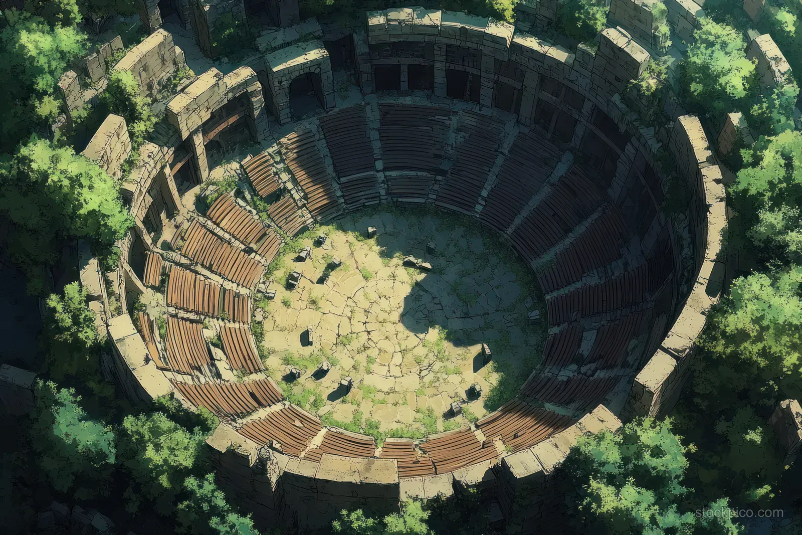 Aerial view of an ancient amphitheater arena with wooden benches around a grassy center under sunlight.