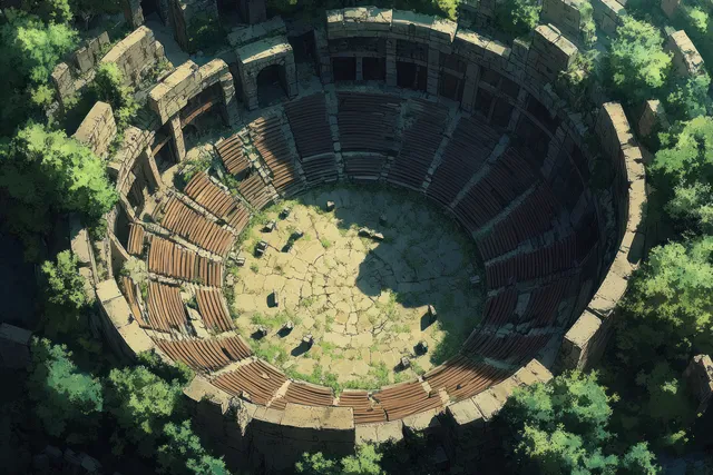Aerial view of ancient gladiator amphitheater arena with sunlit stone tiers and greenery