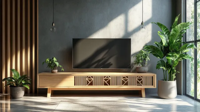 Sunlit minimal living room with a wooden TV console, framed geometric paneling, and potted plants by a concrete wall.