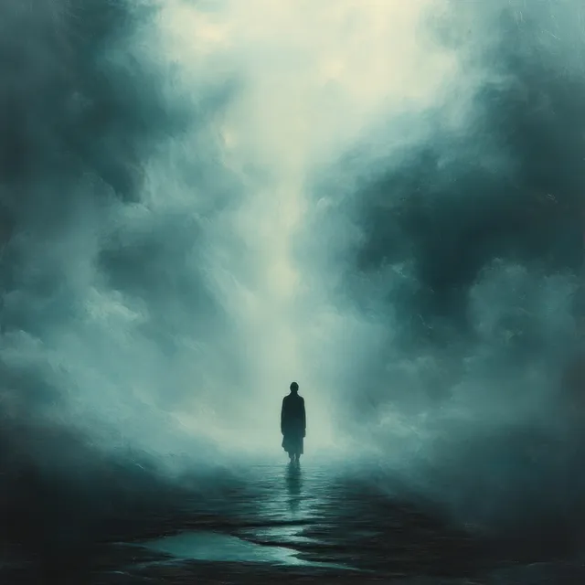 A lone silhouette walks on a wet reflective path through dense fog beneath swirling dark clouds.