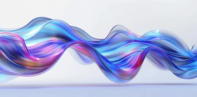 An iridescent blue and rainbow fluid wave twists with glass-like refraction across a light background.