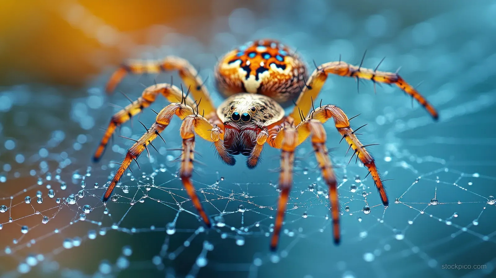 Orange and black spider centered on a web strand with thin threads visible and blue background bokeh.