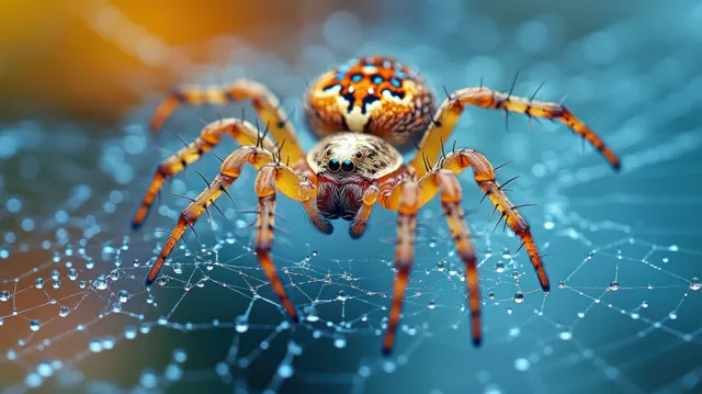 Aranha laranja e preta centralizada em um fio de teia com fios finos visíveis e bokeh azul ao fundo.