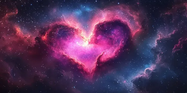 Heart-shaped nebula swirls with pink and purple stardust around bright stars in deep space.