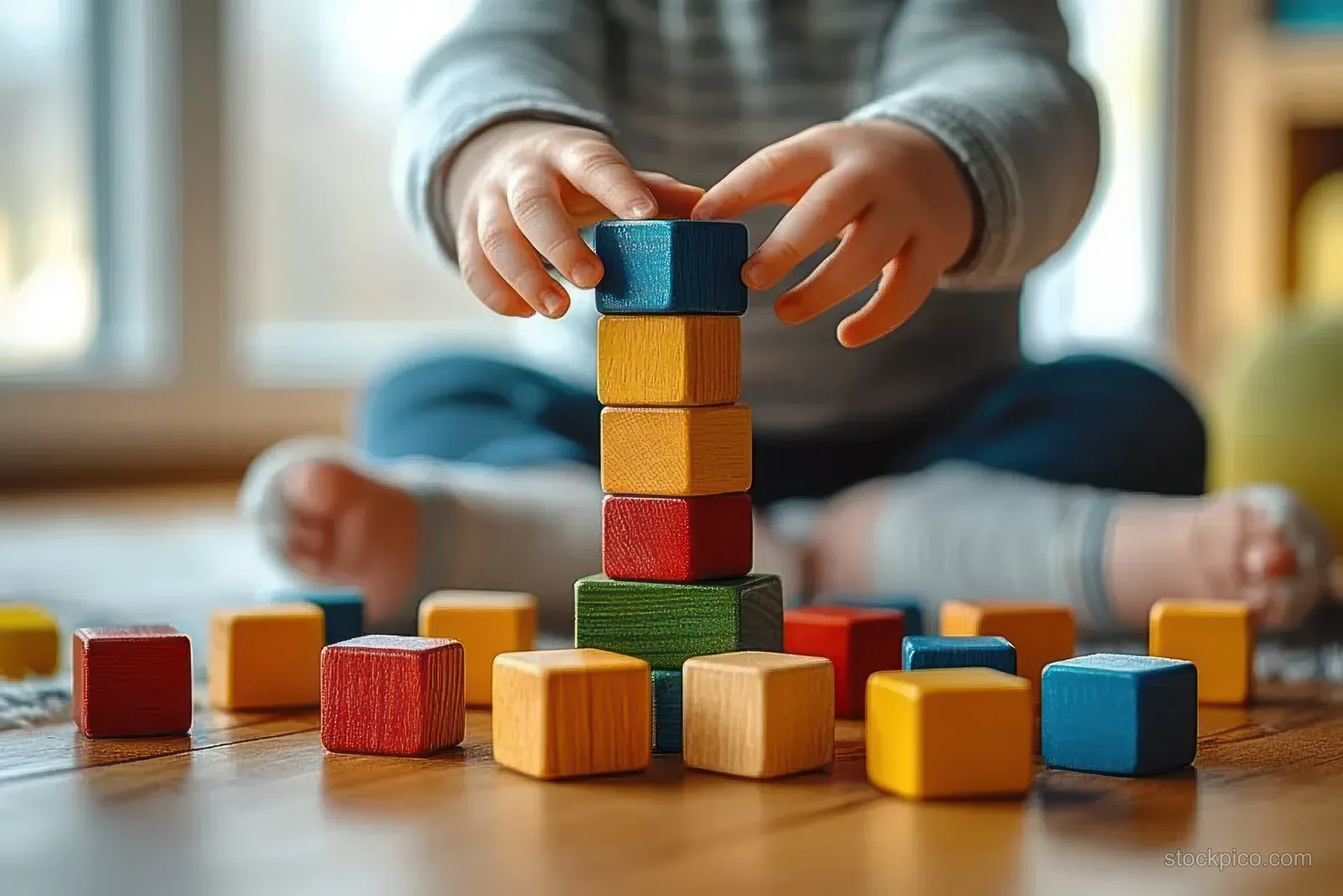 A toddler stacks colorful wooden blocks into a tower on a playroom table while more blocks sit around.