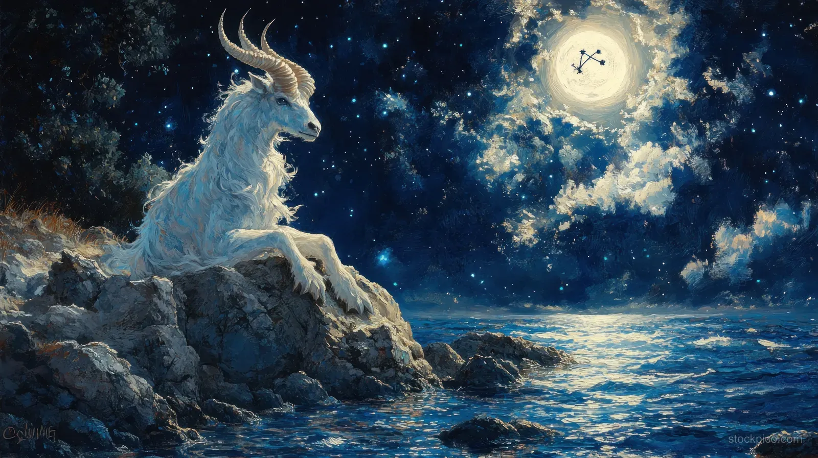 A glowing Capricorn sea-goat creature stands on rocky shore as moonlight reflects on the ocean beneath starry clouds.