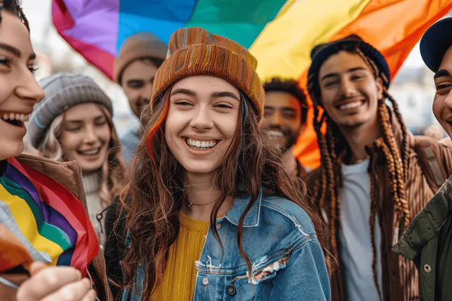Diverse people smile and stack hands at a pride event with rainbow flag colors behind them.