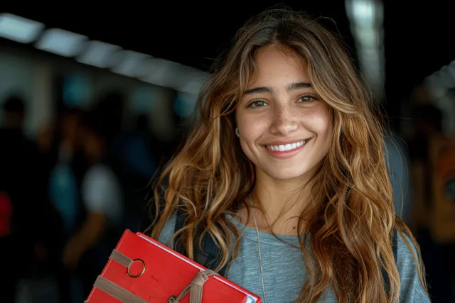 Smiling Hispanic student holding a red notebook in a campus hallway