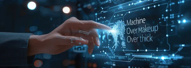 Programmer’s hand tapping a holographic AI interface with machine learning and cloud nodes